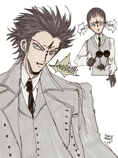 Henry in No More Heroes 3 look. He has long spiky hair and a gem (?) like shape on his forehead.