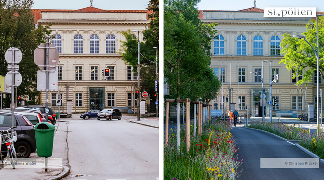 Links Vorher Foto von Abschnitt des Promenadenrings in St. Pölten mit parkenden Autos, breiter Straße. Rechts nach Umgestaltung  mit Bäumen, Grünflächen, bereiten Rad- und Gehweg.
