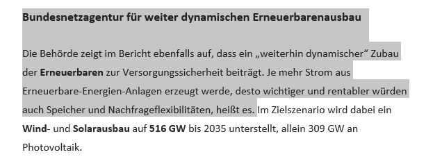 Screenshot des Background Tagesspiegel vom 4.9.25 mit einem schraffierten Textteil mit der Überschrift: Bundesnetzagentur weiter für dynamischen Erneuerbarenausbau.