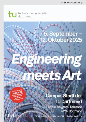 Veranstaltungsplakat Engineering meets Art. Blauer Hintergrund und weiß-rote Kabel. DArüber in großer weißer Schrift der Veranstaltungstext: siehe Artikeltext u.a. 5. September - 12. Oktober, Engineering meets Art, Campus Stadt der TU Dortmund, Leonie- Reygers-Terrasse