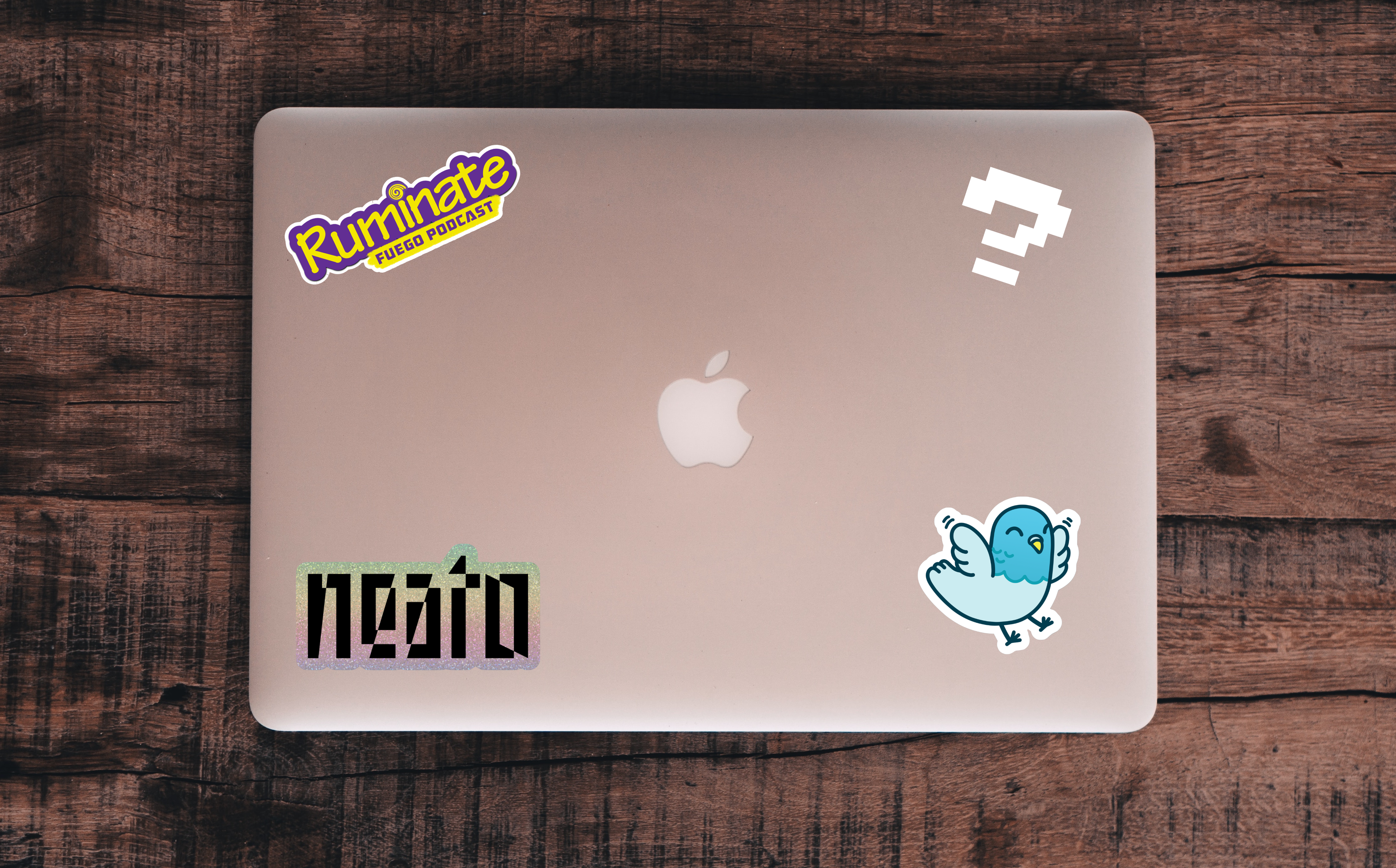 Three stickers on a laptop - the first is a Ruminate logo in the top left, it looks like the Takis logo, the next is a bird in the bottom right. The third, is a sparkly one that says Neato in the bottom left. There is a question mark in the top right.