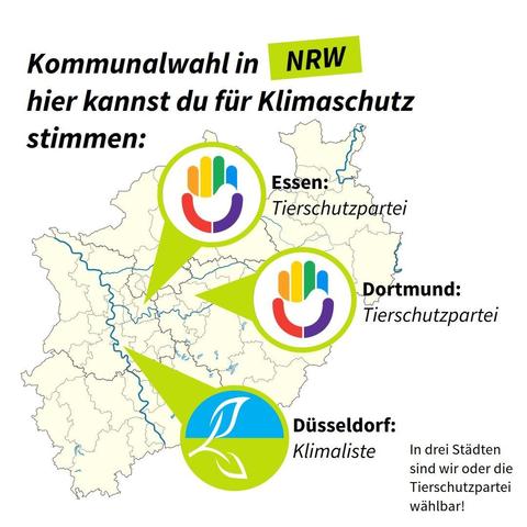Das Bild zeigt eine Karte von Nordrhein-Westfahlen auf weißem Grund. Schlagzeile: "Kommunalwahl in NRW hier kannst du für Klimaschutz stimmen:" Das Wort "NRW" ist frühlingsgrün hinterlegt. Drei frühlingsgrüne Marken mit Parteilogos zeigen auf die Orte Essen Dortmund und Düsseldorf. Text daneben: "Essen:Tierschutzpartei", "Dortmund: Tierschutzpartei", "Düsseldorf:Klimaliste". Darunter der Text: "In drei Städten sind wir oder die Tierschutzpartei wählbar.