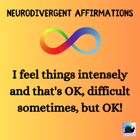 A yellow to orange gradient background with black writing that says: Neurodivergent Affirmations. 
Under that is a rainbow infinity symbol. And under that in black writing it says: I feel things intensely and that's OK, difficult sometimes, but OK!