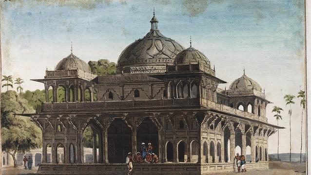 The Mausoleum of Mucdoom Shale Buwlut at Moncah on the River Soane built in the beginning of the sixteenth century, in the Reign of the Emperor Tschangire”, [Grabmal für den Sufi-Heiligen Makhdoom Yahya Maneri in Maner oder Maner-Sharif], aquarellierte Aquatintaradierung, zwischen 1810 und 1854