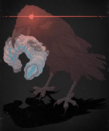 Color illustration of a raven witha red-glowing eye. They hold a mealworm on their beak.