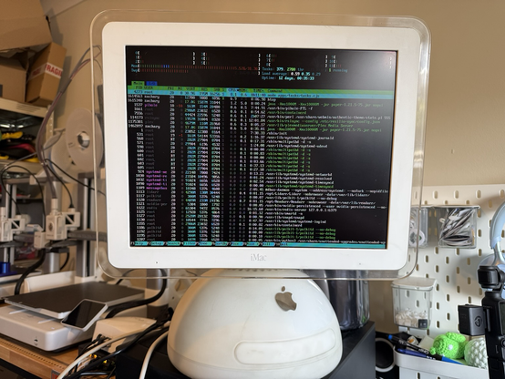 Photo of a 800mhz G4 iMac displaying the htop output of my main home server.