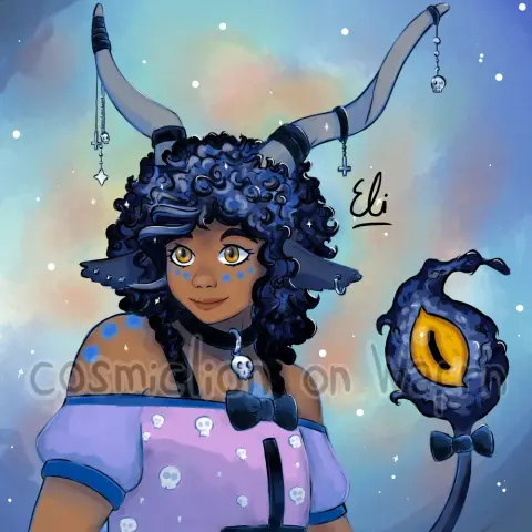 Digital fully rendered illustration of Belmon, a humanoid demon, drawn from the waist up. They are Black and have short dark blue curly hair with highlights in lighter blue and some white glitter, thick eyebrows, greyish blue goat ears, light grey horns that curve upwards and a long greyish blue tail with dark blue hair with highlights in lighter blue and a big yellow goat eye on the tip. They are wearing a light purple off shoulder short sleeved t-shirt with a pattern of tiny skulls and a black bow on the front over a black muscle t-shirt, a black choker with a skull pendant, a black bowtie on their tail, one piercing in their left ear and three in their right ear and several black bands with tiny pendants on their horns: a diamond, a skull and an inverted cross on their right horn and a skull and an inverted cross on their left horn. They have blue markings on their skin: three dots under each eye and three dots on each shoulder. The background is predominantly bright blue with red and green tones and stars like a nebula.