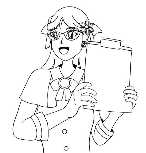 A black and white line-art sketch of Olympia (PDP-12). It is a mid-level portrait and shows Olympia cheerfully holding a clipboard full of notes in front of her. She wears glasses, has long bangs and the sides of her hair pinned back and wears DECtape hub-shaped flower pins in her hair with ribbons. She wears a shawl with a bow and round brooch over her outfit which includes a shirt with medium-length sleeves and buttons.