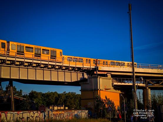 Berlin urban Park Gleisdreieck with  subway railways and graffiti with a wild meadow in front of it, September 2025, © Stefan F. Wirth