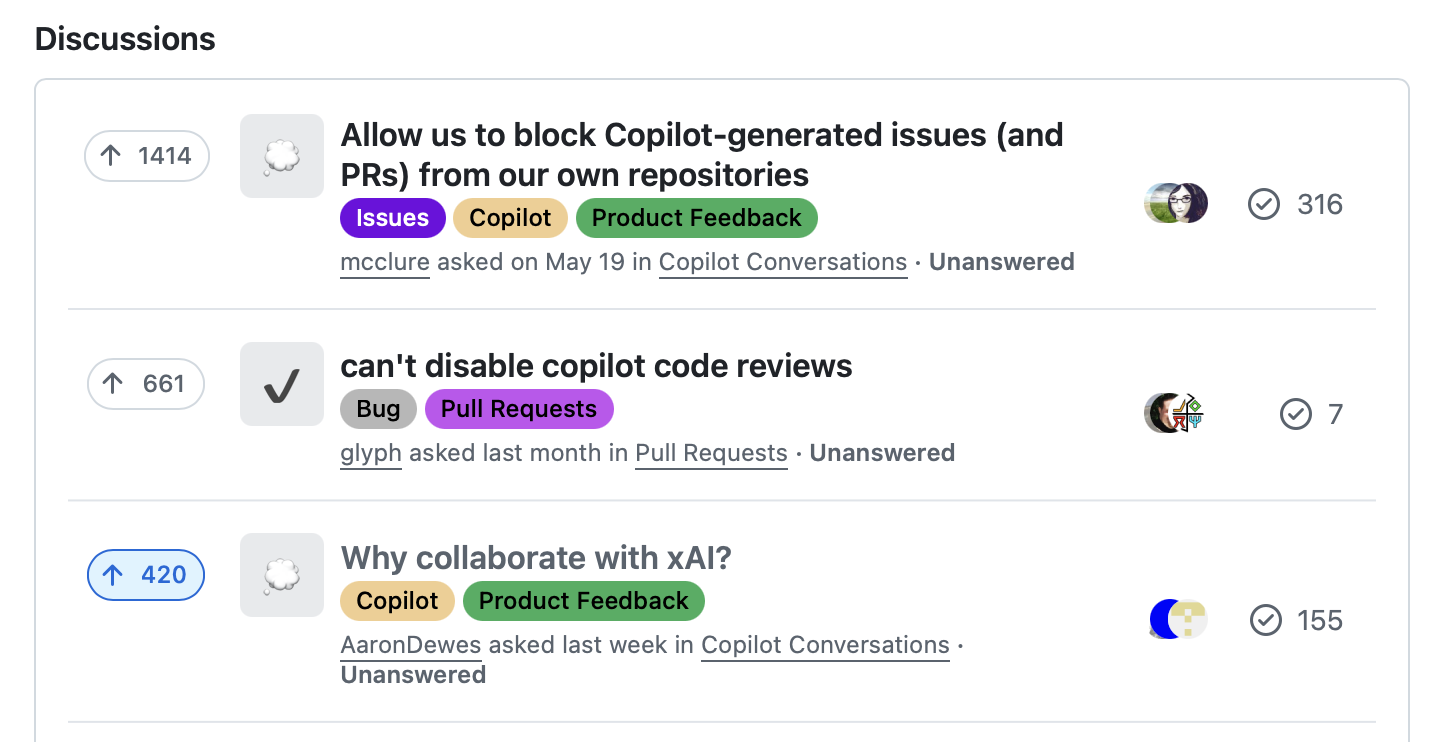 Screenshot of three discussion topics: Allow us to block Copilot-generated issues (and PRs) from our own repositories. (1414 votes) Can't disable copilot code reviews. (661 votes) Why collaborate with xAI? (420 votes)