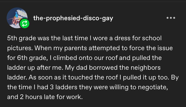 5th grade was the last time I wore a dress for school pictures. When my parents attempted to force the issue for 6th grade, I climbed onto our roof and pulled the ladder up after me. My dad borrowed the neighbors ladder. As soon as it touched the roof I pulled it up too. By the time I had 3 ladders they were willing to negotiate, and 2 hours late for work.