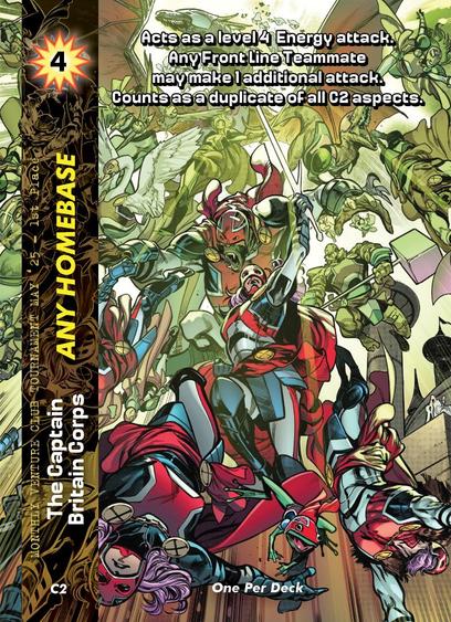 TCG playing card proxy for OverPower card game. Multiple variants of the Betsy Braddock iteration of Captain Britain appear, pastel pink hair flowing as the heroes propel towards the viewer, adorned in a costume evoking the Union Jack flag. Betsy herself raises her sword high.