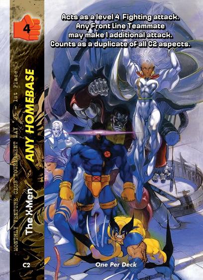 Six Characters face the viewer. Wolverine brandishes his claws, the ethereal Storm floats above her teammates, Cyclops readies his red optic blast. The ninja like Psylocke is armed with her psychic knives, Iceman and the massively metallic Colossus stand alert in the background. A monstrous, purple and pink robot head looms in the background.