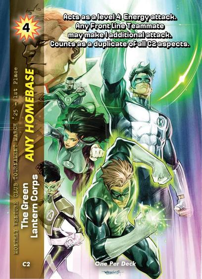 Six individuals clad in green and black superhero outfits, wielding glowing green rings.