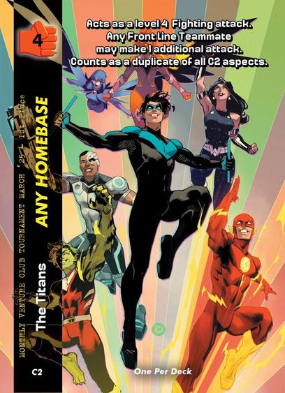 Seven colorfully clad superheroes, spring hopefully towards the viewer.