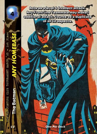 A man, sat atop a chimney, stares menacingly at the viewer. He's clad in a blue and grey costume, with yellow embellishments, with a cape and bat eared cowl. He holds a Joker playing card, the symbol of his greatest enemy.