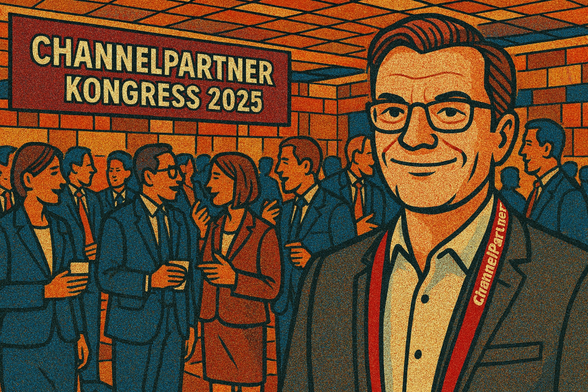 Illustration im Comic-Stil: Ein Mann im Anzug mit Brille und rotem „ChannelPartner“-Lanyard steht im Vordergrund und lächelt. Hinter ihm diskutieren zahlreiche Teilnehmer in Business-Kleidung lebhaft miteinander, einige halten Kaffeebecher. Über den Köpfen hängt ein großes Banner mit der Aufschrift „ChannelPartner Kongress 2025“. Die Farben sind kräftig in Rot-, Blau- und Gelbtönen gehalten.
