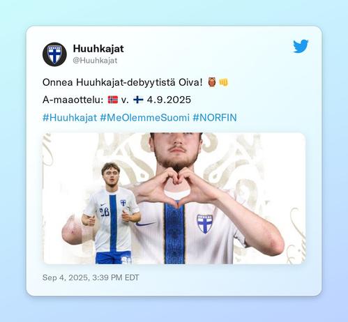 Onnea Huuhkajat-debyytistä Oiva! 🦉👊

A-maaottelu: 🇳🇴 v. 🇫🇮 4.9.2025

#Huuhkajat #MeOlemmeSuomi #NORFIN https://t.co/TIZoe46Bku