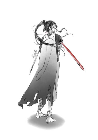 an image of wu ming for my dororo-inspired fanfiction. he is looking over the shoulder slightly; instead of arms, he has two swords, one silver, one red. his entire body is banged apart from a prosthetic leg, and he's wearing a cloak and his hair in a ponytail, a red pearl tied to the cord binding his hair. his smiling mask is also there, of course.