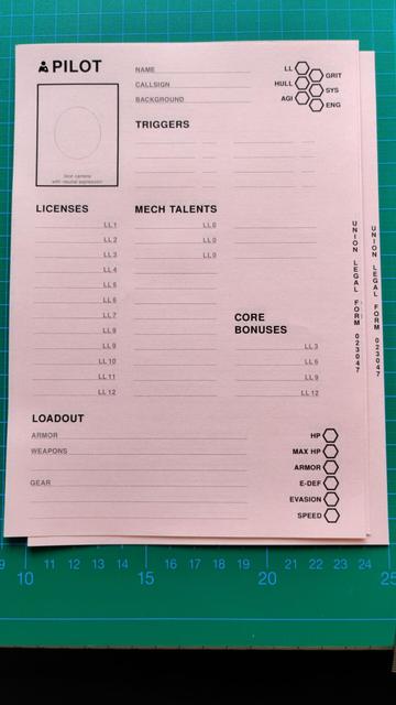 Rose-colored paper character sheets on a cutting mat. Titled PILOT, with a space for a passport pic, some hexaginal stat boxes and a lot of lines to write various things on.