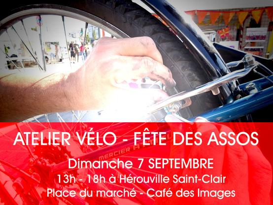 Flyer pour la fête des assos et des bénévoles 2025 à HSC. Un bénévole de l'association est en train de régler un patin de frein arrière.