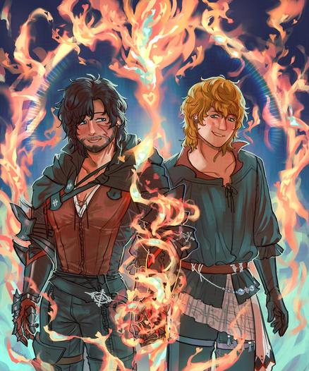 illustration of clive rosfield and joshua rosfield from FFXVI. the two brothers are standing side by side, bright phoenix flames twisting and wisping around their joined hands. the two are smiling brightly at each other. a big flame ring blows behind them set against a teal-blue gradient background, and small hearts flicker out of the flames.