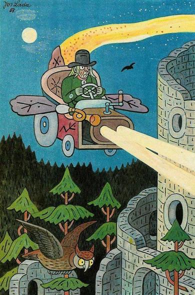 a children's storybook kind of illustration where a man in a magic flying car and an owl are shown in the air above a forest and castle ruins.  It is night, the moon is up, and the car's headlights are on