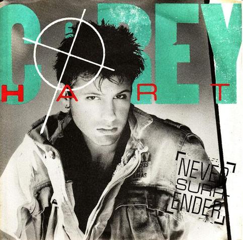 Album cover for Corey Hart’s “Never Surrender,” featuring a portrait of the artist with a distinctive 1980s hairstyle and jacket.