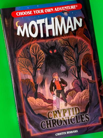 A colorful book cover titled "Mothman: Cryptid Chronicles," featuring a character holding a flashlight in a dark, wooded area. The silhouette of a figure with glowing red eyes looms in the background.