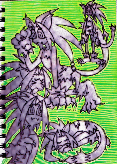Samurai Shodown fan art. A collection of Cham Cham doodles on a scanned sketchbook page, with added color and texture. Cham Cham is a skinny girl with long limbs and long spiky hair, large expressive eyes and a cat-like mouth with fangs, wearing a short dress made of tiger skin with a tail, clawed paws as gloves and shoes, and a pair of ears.

There are five sketches. From top to bottom:
1. Cham Cham standing upright facing the viewer.
2. Cham Cham on her knees, left hand on the floor, right hand shading her eyes as if she's staring at something from far away.
3. Cham Cham crying and looking upset, running away.
4. Cham Cham thinking, looking up towards the sky, one clawed finger reaching towards her chin in a thoughtful pose.
5. Cham Cham sleeping like a cat curled up on the floor.