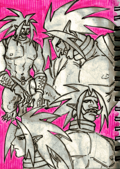 Samurai Shodown fan art. A collection of Tam Tam sketches on a scanned page from a notebook, edited to have some textures and color. Tam Tam is a tall man with a toned, slim body, pointy ears and spky long hair, wearing a fanged mask, a piece of fabric that goes around his armpits, forearm braces, hoops, a choker, and a loincloth.

There are four sketches. From top to bottom, left to right:
1. Tam Tam sits on the balls of his feet, arms resting on his thighs.
2. Tam Tam turns his head to the side, staring at the viewer from the corner of his eye, his bare chest prominently featured on the sketch.
3. Tam Tam profile, showing his bare, maskless face, smooth handsome features, somewhat thick eyebrows and long lashes.
4. Tam Tam standing tall, head turned slightly upwards, staring down at the viewer.