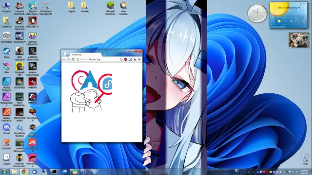 Fedora 42 with a Windows 7 theme with a wallpaper of Windows 11 with Windows 11 chan peaking out with a Firefox with a Chrome theme window open showing a meme that Debian and Arch Linux have a baby that is Fedora