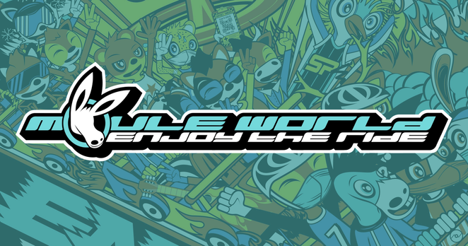 Extended, Y2K-style text reading “MOULE WORLD” in big turquoise text, and “Enjoy the Ride” in white smaller text below it, and a white silhouette of a mule’s head sticking out of the “O” in “MOULE”, with black outlines around the text creating a 3D effect.

The background is a turquoise-tinted cover artwork of my first album also called Enjoy the Ride, showing over a dozen anthropomorphic cartoon animal characters excitedly riding down a roller coaster.