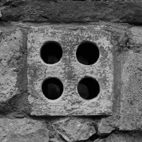 Gros plan sur une partie de mur en pierre où on voit une pierre carrée avec 4 trous bien circulaires, faisant penser à la face 4 d’un dé à 6 faces