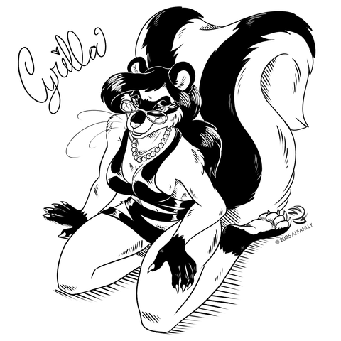 A black and white illustration of a skunk girl in a pinup pose wearing a fancy swimsuit