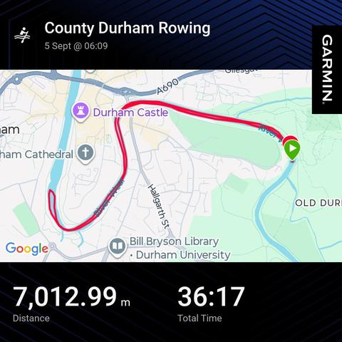 Garmin activity showing a rowing session. 7km 36min
