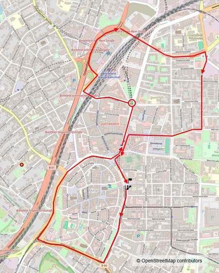 Stadtplan von Bielefeld mit rot eingezeichneter Route der heutigen Fahrraddemo.