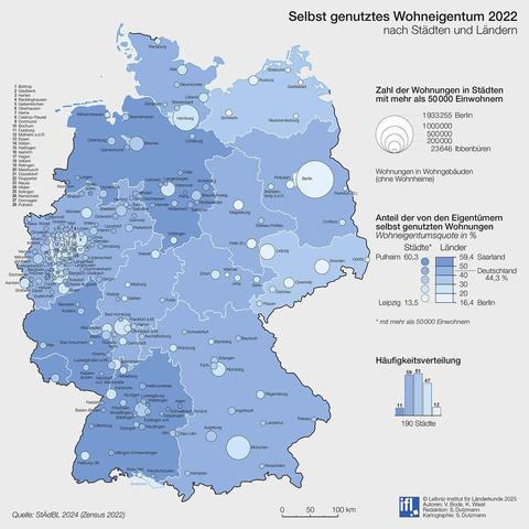Deutschlandkarte "Selbst genutztes Wohneigentum 2022 nach Städten und Ländern" mit Kreis-Symbolen für die Zahl der Wohnungen in Städten ab 50.000 Einwohnern und Flächensignaturen für den Anteil der von Eigentümern selbst genutzten Wohnungen (© Leibniz-Institut für Länderkunde).