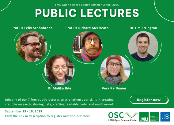 Promotional poster for the LMU Open Science Center Summer School 2025 Public Lectures. The poster features photos of five speakers: Prof. Dr. Felix Schönbrodt, Prof. Dr. Richard McElreath, Dr. Tim Errington, Dr. Malika Ihle, and Vera Karlbauer. The text states the skills that the lectures will develop, the dates for the lectures running from September 15-18 2025, and instructions to register online. Logos of LMU Open Science Center, LMU, and Universitätsbibliothek München are displayed at the bottom.