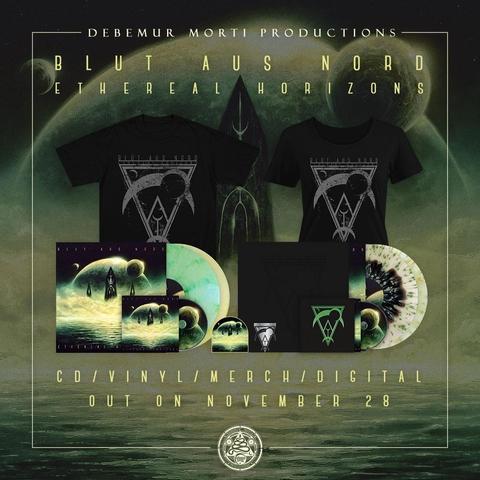 Das Bild zeigt die verschiedenen Tonträger des neuen Blut aus Nord Albums Ethereal Horizons.