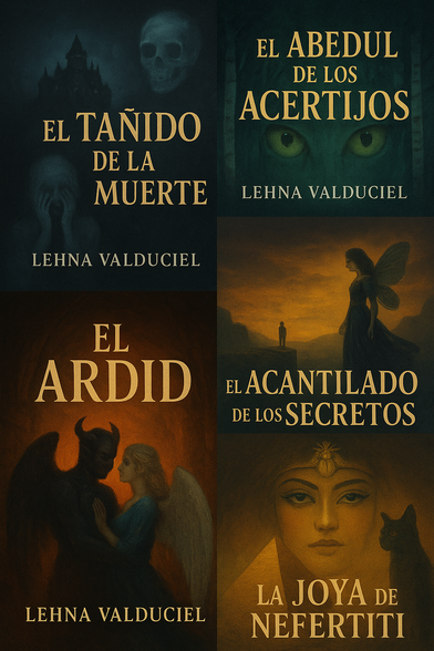 collage de cinco portadas con elementos representativos de las imágenes originales, los títulos y el nombre de la autora: Lehna Valduciel