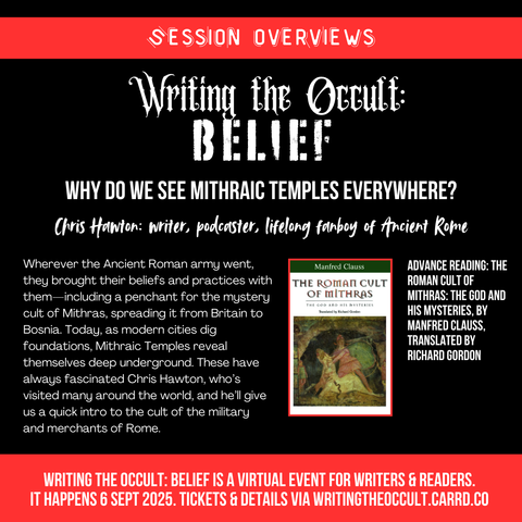 A text-heavy graphic features the same description as this threaded post, and includes a recommended advance reading: The Roman Cult of Mithras: The God and His Mysteries, by Manfred Clauss, translated by Richard Gordon.