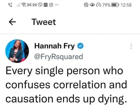 A tweet, "Every single person who confuses correlation and causation ends up dying."

I am not going to explain the joke here.