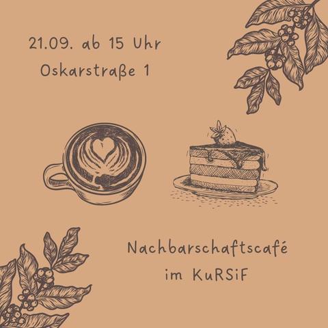 An illustration promoting a neighborhood café event. The design features a coffee cup with a heart-shaped latte art, a slice of cake with a strawberry, and coffee plant leaves. It includes text with the date, time, and location of the event.