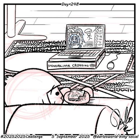 Drawing of Darlo sat on a sofa eating lasagne watching NeoMarthy on Twitch on a laptop.
