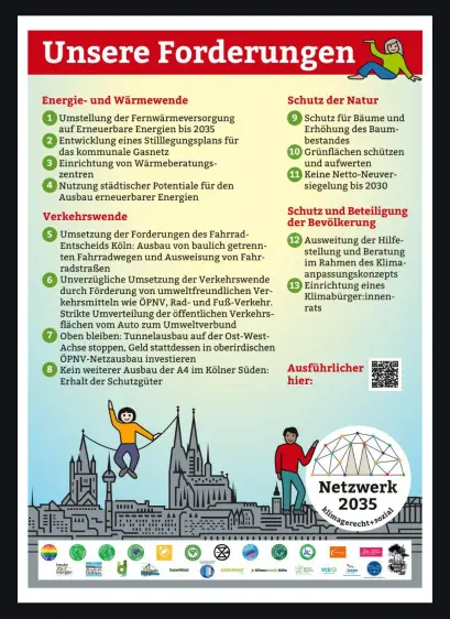 Netzwerk 2025 - Unsere Forderungen: ENERGIE- UND WÄRMEWENDE

1) Umstellung der Fernwärmeversorgung auf Erneuerbare Energien bis 2035

2) Entwicklung eines Stilllegungsplans für das kommunale Gasnetz

3) Einrichtung von Wärmeberatungszentren

4) Nutzung städtischer Potentiale für den Ausbau erneuerbarer Energien

VERKEHRSWENDE

5) Umsetzung der Forderungen des Fahrrad-Entscheids Köln: Ausbau von baulich getrennten Fahrradwegen und Ausweisung von Fahrradstraßen

6) Unverzügliche Umsetzung der Verkehrswende durch Förderung von umweltfreundlichen Verkehrsmitteln wie ÖPNV, Rad- und Fuß-Verkehr. Strikte Umverteilung der öffentlichen Verkehrsflächen vom Auto zum Umweltverbund

7) Oben bleiben: Tunnelausbau auf der Ost-West-Achse stoppen, Geld stattdessen in oberirdischen ÖPNV-Netzausbau investieren

8) Kein weiterer Ausbau der A4 im Kölner Süden: Erhalt der Schutzgüter
SCHUTZ DER NATUR

9) Schutz für Bäume und Erhöhung des Baumbestandes

10) Grünflächen schützen und aufwerten

11) Keine Netto-Neuversiegelung bis 2030
SCHUTZ UND BETEILIGUNG DER BEVÖLKERUNG

12) Ausweitung der Hilfestellung und Beratung im Rahmen des Klimaanpassungskonzepts

13) Einrichtung eines Klimabürger:innenrats