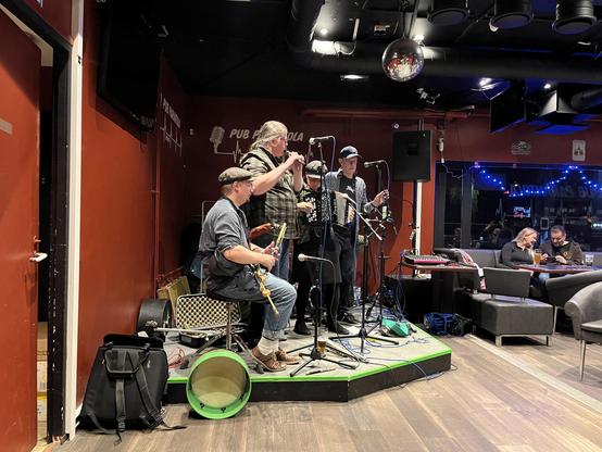 A live band performs on a small stage in a bar. Musicians are playing various instruments, including an accordion and Irish pipes, while a few patrons enjoy drinks at nearby tables. The setting has a cozy atmosphere with dim lighting and decorative elements.