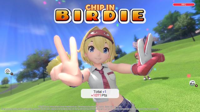 Screenshot from everybody's golf hot shots on Nintendo switch. Character, cute female wearing a crop shirt, tie, and headband is giving the double peace sign with the title "Chip in birdie"