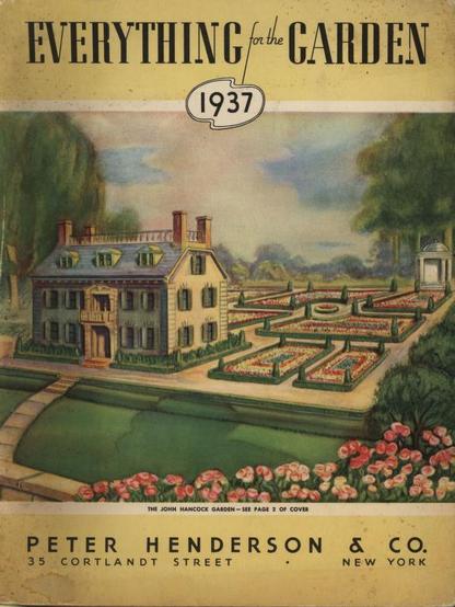 The image is a vintage magazine cover titled "Everything for the Garden 1937." It features a detailed illustration of a large, elegant house with a symmetrical garden in front. The house has a yellow facade, multiple windows with shutters, and a central entrance with a small balcony. The garden is meticulously designed with geometric flower beds, hedges, and a central pathway leading to the house. In the foreground, there is a pond with pink flowers along its edge. The background includes trees and a small gazebo-like structure. The text at the bottom reads "Peter Henderson & Co., 35 Cortlandt Street, New York," and there is a note about "The John Hancock Garden" on page 2 of the cover.

Provided by @altbot, generated privately and locally using Ovis2-8B