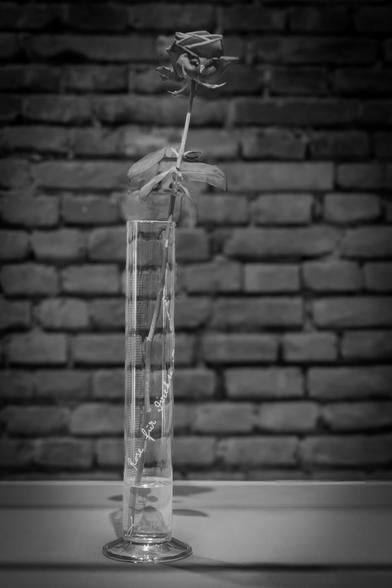 🇫🇷 Photographie en noir et blanc d’une œuvre de Joseph Beuys : un cylindre de verre contenant une rose, posé devant un mur de briques. La version monochrome gomme la couleur rouge de la fleur, soulignant sa forme et son dépouillement.
🇬🇧 Black and white photograph of a work by Joseph Beuys: a glass cylinder containing a rose, placed against a brick wall. The monochrome version removes the red color of the flower, emphasizing its shape and bareness.